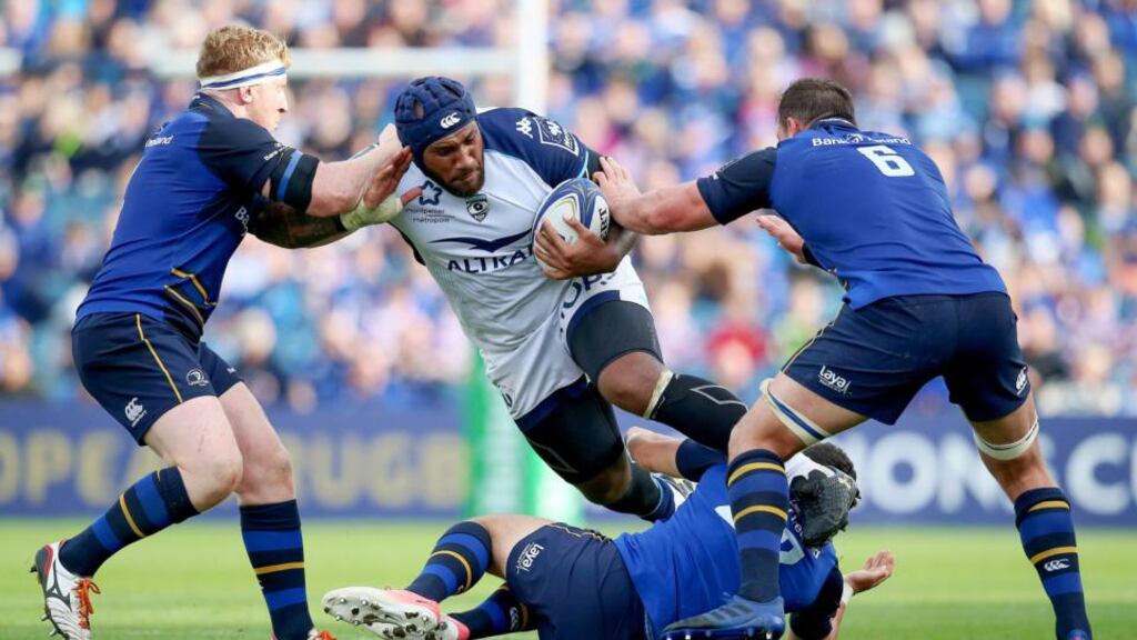 Leinster’s James Tracy, Noel Reid and Rhys Ruddock tackle Nemani Nadolo of Montpellier during the Champions Cup game at the RDS. Photograph: Tommy Dickson/Inpho