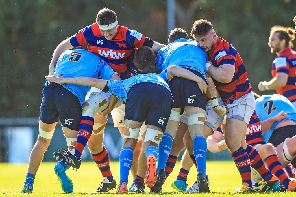 A view of a maul during UCD's clash with Clontarf. Photograph: Evan Treacy/Inpho