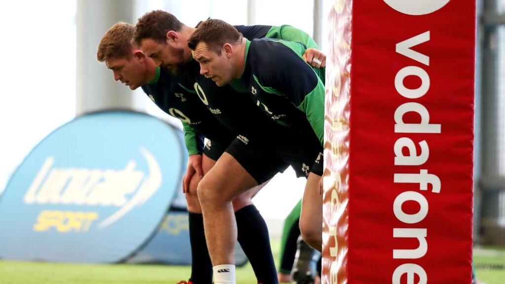 The Irish frontrow train ahead of Saturday’s clash with Wales. Photograph: Bryan Keane/Inpho