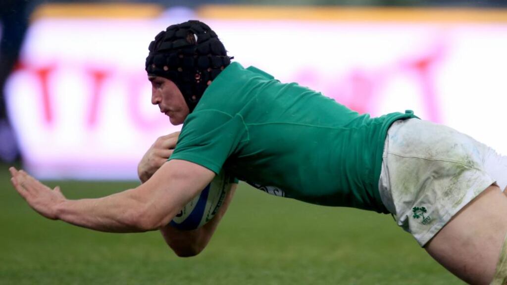 Tommy O’Donnell gets over the line to score Ireland’s second try against Italy at Stadio Olimpico, Rome. Photograph: Dan Sheridan/Inpho.