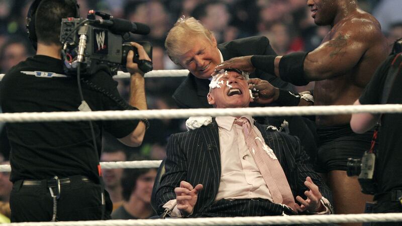 WWE wrestling: Donald Trump in the ring with Vince McMahon for the Battle of the Billionaires, at Wrestlemania 2007. Photograph: Bill Pugliano/Getty