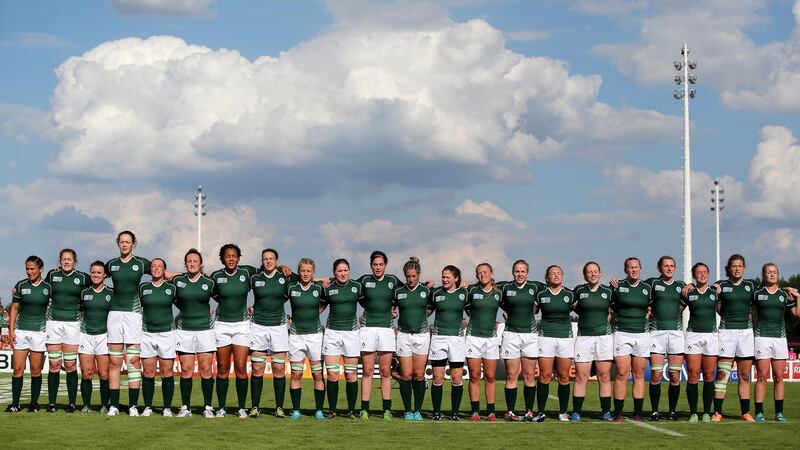 The Ireland team line up for the anthems before the game against New Zealand. Photograph: Photograph: Dan Sheridan/Inpho