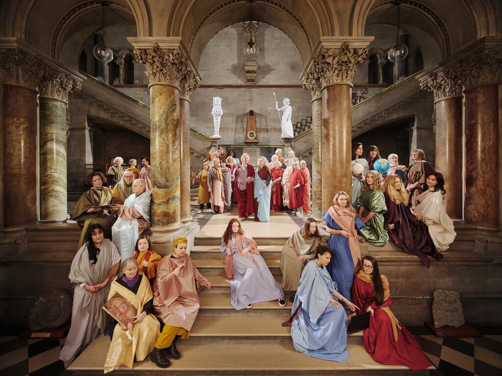 The School of Hibernia: the all-woman Irish reimagining of Raphael’s School of Athens. The Vatican original depicts 50 male philosophers, mathematicians and scientists. Scroll to the end of the article to see who’s who. Composite image: Ros Kavanagh
