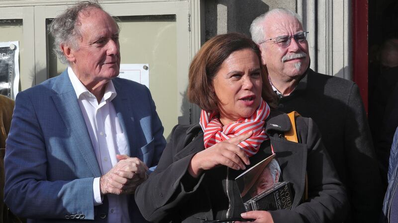 Vincent Browne, Sinn Féin leader Mary Lou McDonald and artist Robert Ballagh at the funeral. Photograph: Colin Keegan/Collins