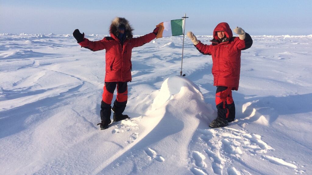 Irish flag unfurled at North Pole: Wicklow climbers Bill Roberts and Myles Campion complete their difficult trek.