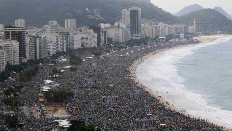 Pope Francis celebrates mass at Copacabana Beach in Rio de Janeiro, Brazil, yesterday. Local media said up to three million pilgrims attended the climax of this year’s World Youth Day, with Mass-goers filling almost 2km of sand and spilling onto adjoining streets. Photograph: Reuters/Stefano Rellandini