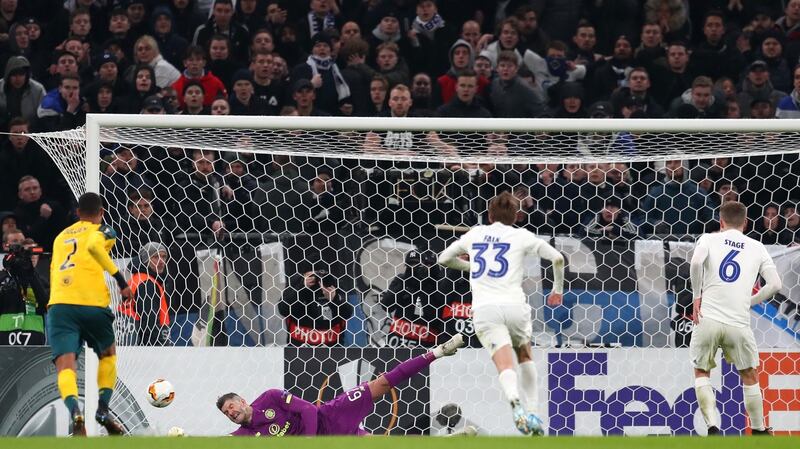 Celtic goalkeeper Fraser Forster saves a penalty from FC Copenhagen’s Jens Stage’s penalty during the Europa League round of 32 first leg match at Telia Parken. Photograph: Catherine Ivill/Getty Images