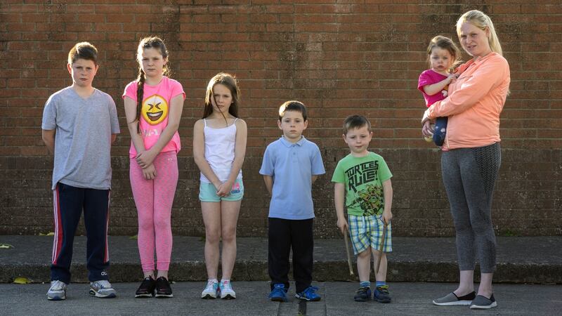 Homeless mother Colleen McDonagh with her six children, Michael (11), Chloe (10), Sandra (8), John (6), Ger (4) and Ann-Harper (1), pictured in Clondalkin, Dublin. Photograph: Dara Mac Donaill