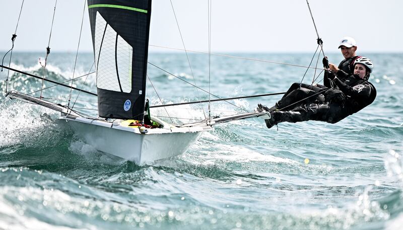 Irish Times journalist Muireann Duffy and Irish Olympic sailor Robert Dickson at Irish Sailing Performance HQ in Dún Laoghaire, Dublin. Photograph: Seb Daly/ Sports File