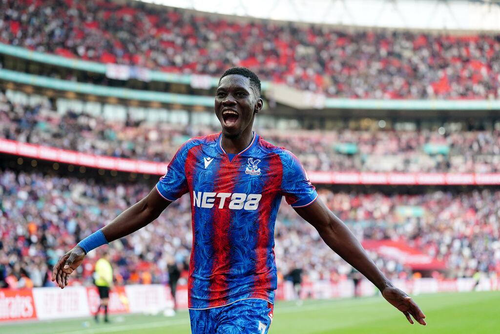 Crystal Palace's Ismaila Sarr celebrates scoring their side's third goal of the game during the Emirates FA Cup semi-final. Photograph: Mike Egerton/PA