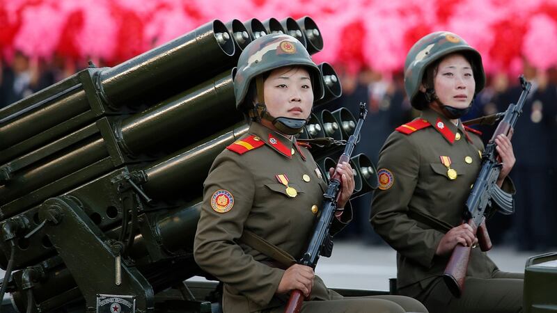 North Korean soldiers parade through Kim Il Sung Square. Photograph: Wong Maye-E/AP