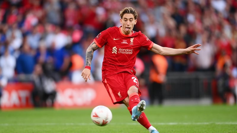 Liverprool’s Kostas Tsimikas scores the winning penalty at Wembley Stadium. Photograph: Mike Hewitt/Getty Images