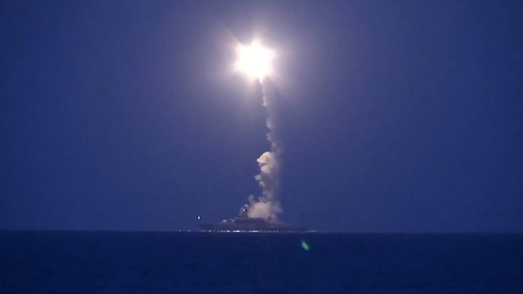 A Russian warship in the Caspian Sea launches missiles on Wednesday. The Russian Defence Ministry the warships of the Caspian Flotilla carried out massive strikes against Islamic State facilities in Syria. Photograph: EPA/Russian Defence Ministry