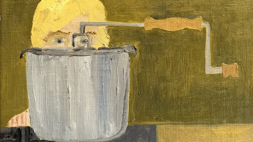 A painting featuring artist Mollie Douthit’s stovetop, hand-cranking popcorn popper