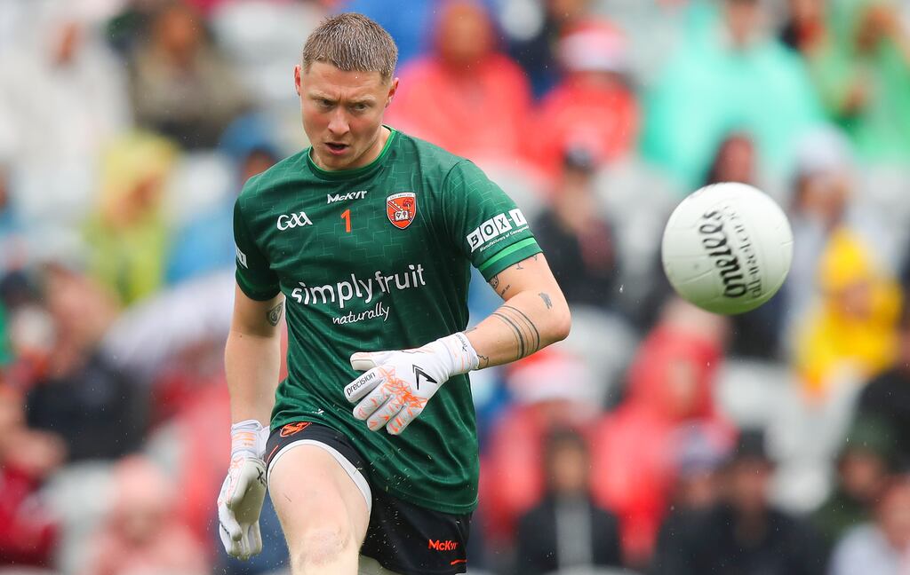 Armagh goalkeeper Blaine Hughes will play a vital role for his side in Sunday's All-Ireland SFC Final against Galway at Croke Park. Photograph: Leah Scholes/Inpho