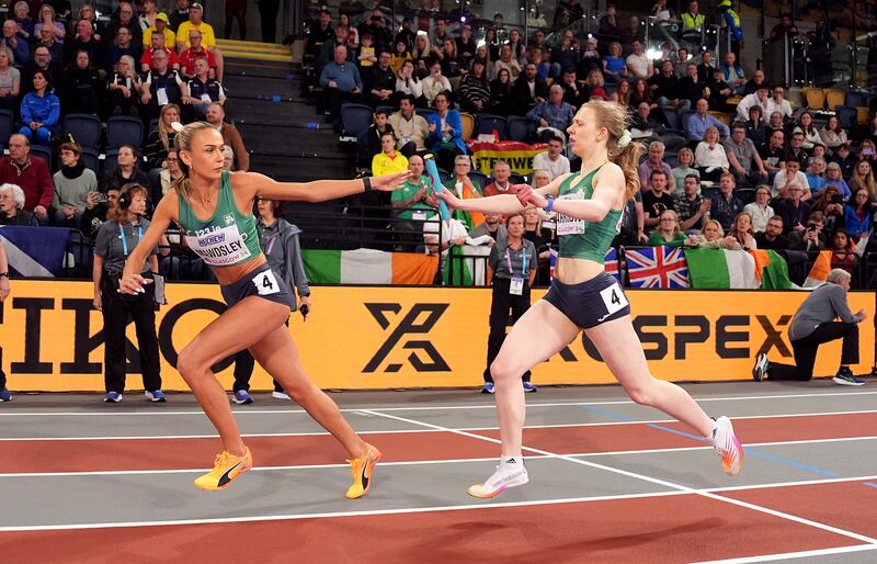 Roisin Harrison and Sharlene Mawdsley in action in their Women's 4x400m relay heat during day three of the World Indoor Athletics Championships at the Emirates Arena, Glasgow. Photograph: Martin Rickett/PA