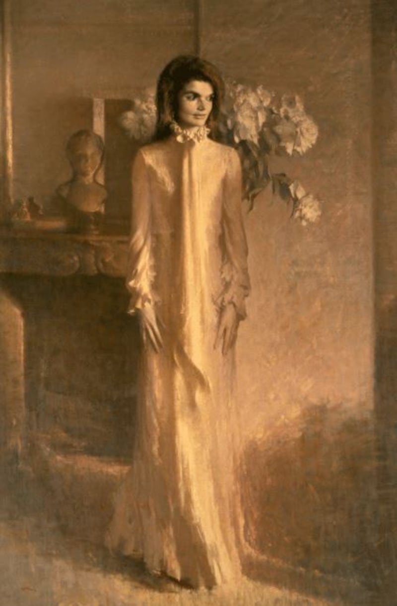 Jacqueline Kennedy Onassis in her official White House portrait as First Lady of the United States by Aaron Shikler in 1970. Photograph: White House Collection/White House Historical Association