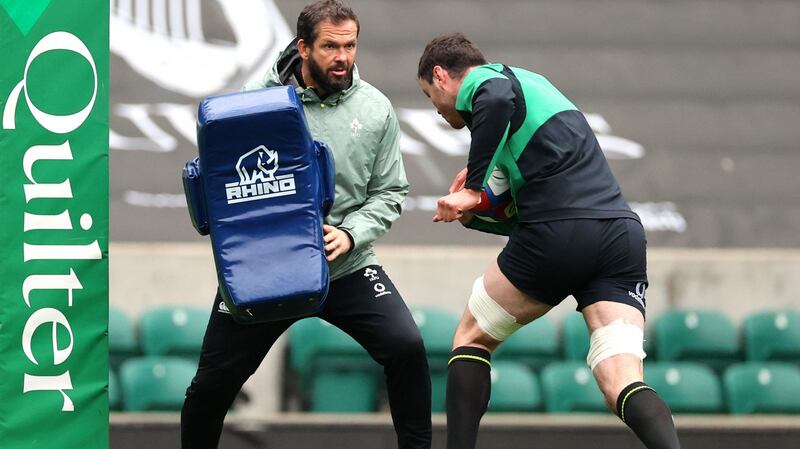 Ireland head coach Andy Farrell and captain James Ryan during the Captain’s Run at Twickenham on Friday ahead of Saturday’s Autumn Nations League game. Photograph: Billy Stickland/Inpho