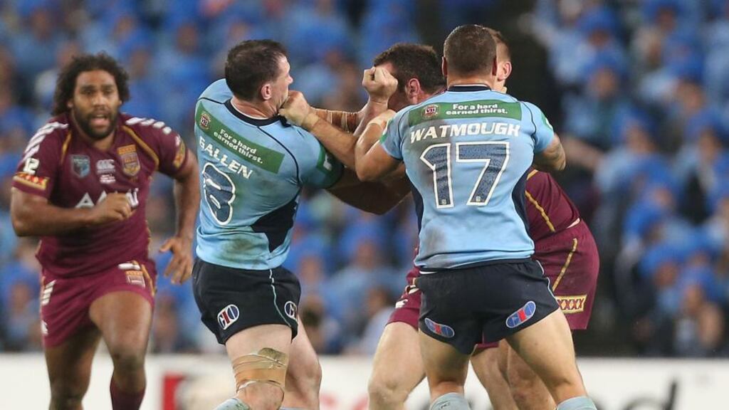 Paul Gallen of the New South Wales Blues and Nate Myles of the Queensland Maroons during a controversial incident in game one of the popular ARL State of Origin series at ANZ Stadium in Sydney, Australia. Phtograph: Mark Metcalfe/Getty Images