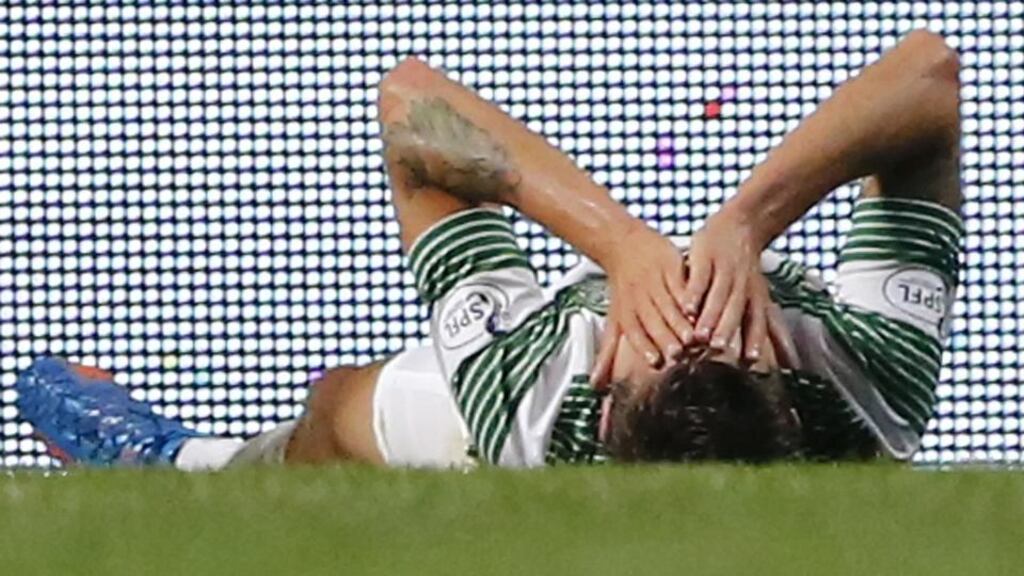 Celtic’s Mikael Lustig looks dejected after missing an attempt on goal during his side’s Scottish League Cup, third round defeat to Morton at Celtic Park. Photograph: Danny Lawson/PA Wire.