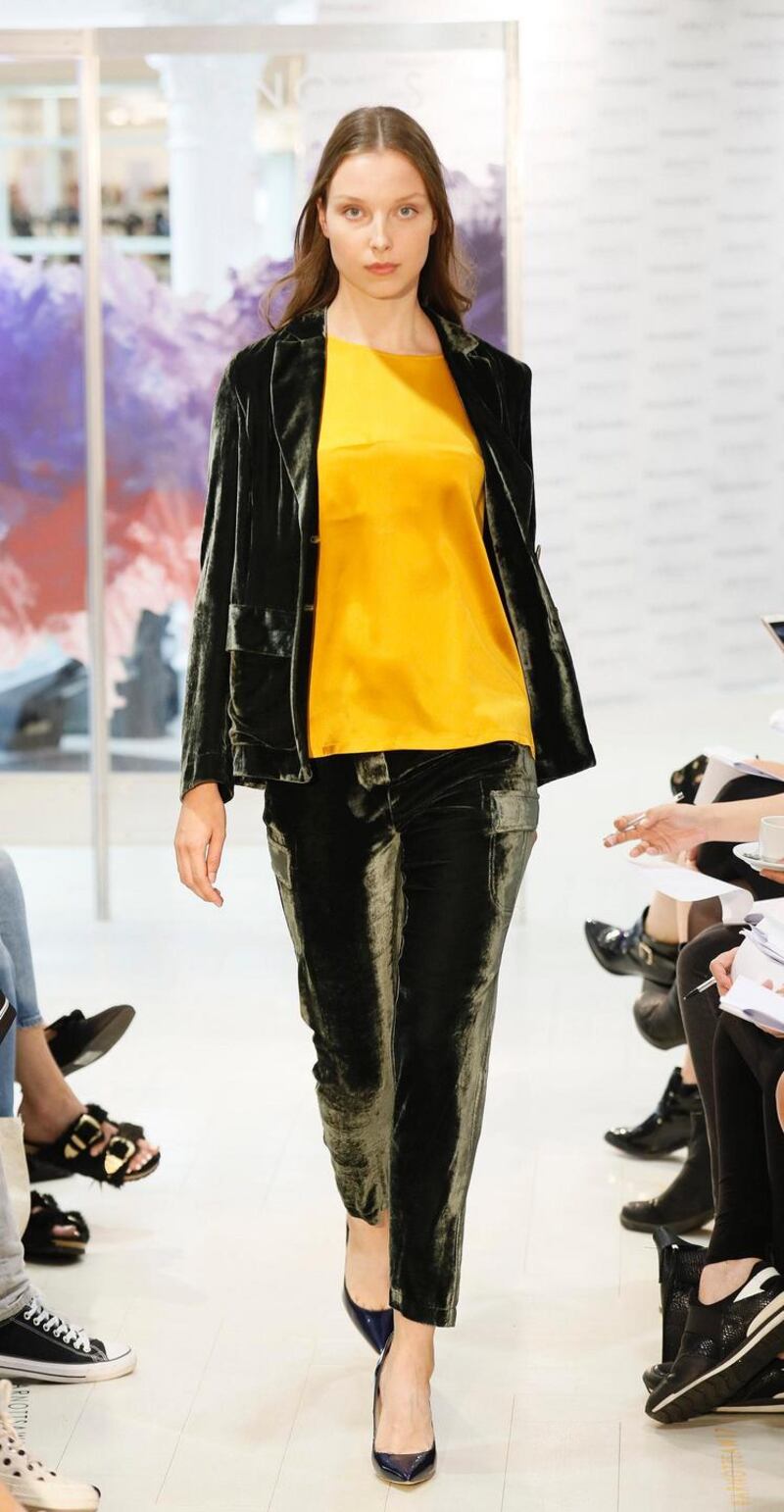 no fee if Arnotts mentioned in caption at the Arnotts Autumn Winter 2017 Womenswear Show-photo Kieran HarnettAnastasia Mustard silk top, Caractere, €169Green velvet jacket, Luisa Cerano, €550Green velvet trousers, Luisa Cerano, €330Shoes by Buffalo