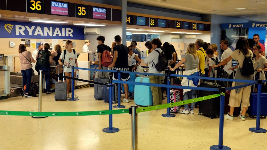 Ryanair passengers line up to check in their luggage at Valencia airport during the day of cabin crew strike held in several European countries on Thursday. Photograph: Heino Kalis/Reuters