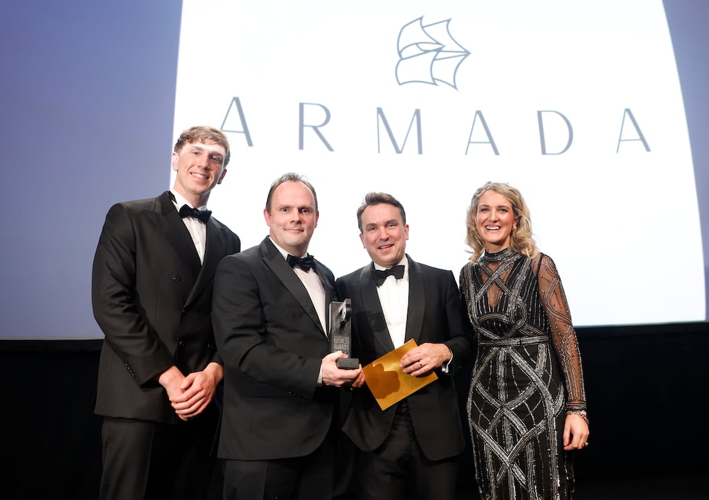 The Armada Hotel in Co Clare won the Local Business Award at The Irish Times Business Awards in the Mansion House, Dublin, on Thursday night. Pictured at the awards were
Bernard Cahill and Frank Minogue of the Armada Hotel, John Feeney from Bank of Ireland and Noralynne Murrihy from the Armada Hotel. Photograph: Julien Behal.
