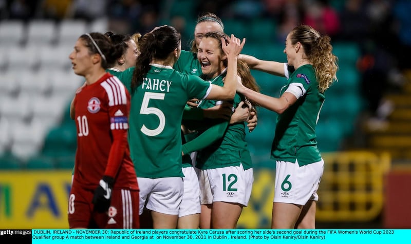 Ireland players congratulate Kyra Carusa after she scored the second goal of the World Cup qualifier against Groegia at Tallaght Stadium. Photograph: Oisín Keniry/Getty Images