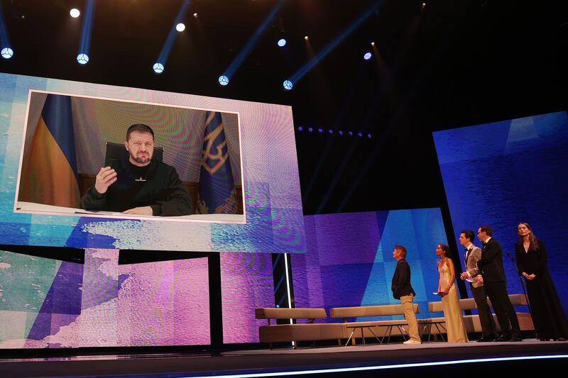 Ukrainian president Volodymyr Zelenskiy addresses the audience during the Opening Ceremony of the Berlinale International Film Festival. Photograph: Gerald Matzka/Getty