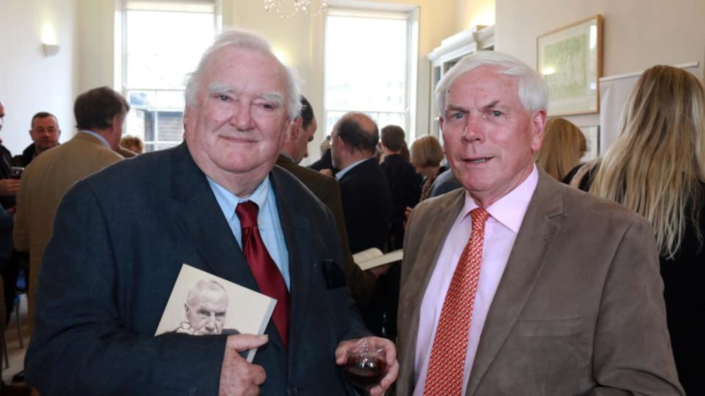 Tim Pat Coogan and Adhamhnán Ó Súilleabháin, at the launch of the latter’s new book, Domhnall Ua Buachalla: Rebellious Nationalist, Reluctant Governor. Photograph: Nick Bradshaw