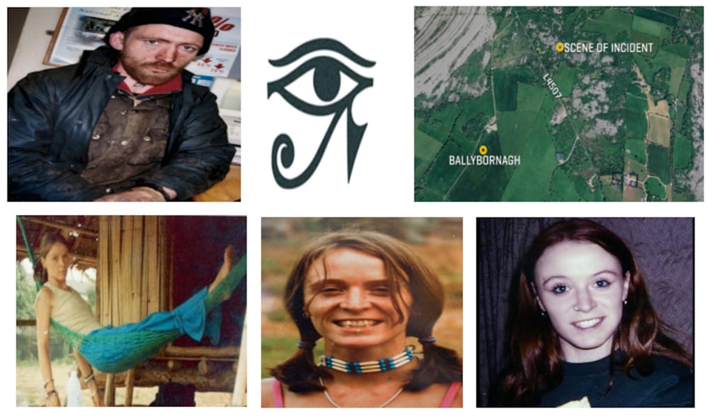 John Griffin (top left), an Eye of Horus symbol (top, centre) and a map of locations, three images of Emer O’Loughlin (bottom).
