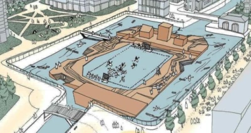 A schematic drawing of the proposed white-water facility at George’s Dock planned by Dublin City Council.