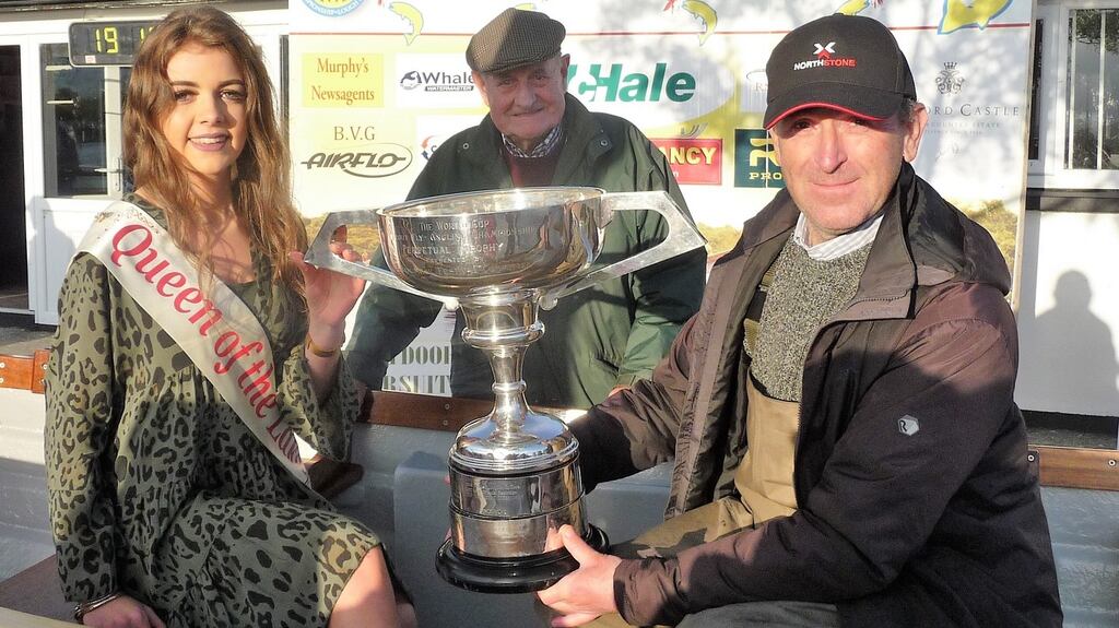 Bernard Kilkenny winner of the 2019 world cup fly angling championships with Queen of the Lakes, Kelli Murphy and, rear, John Paddy Burke.