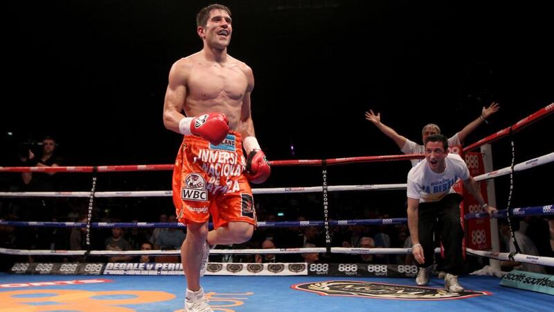 Jorge Sebastien Heiland celebrates his WBC middleweight title eliminator victory over Matthew Macklin at the 3Arena, in Dublin. Photograph: Ryan Byrne/Inpho