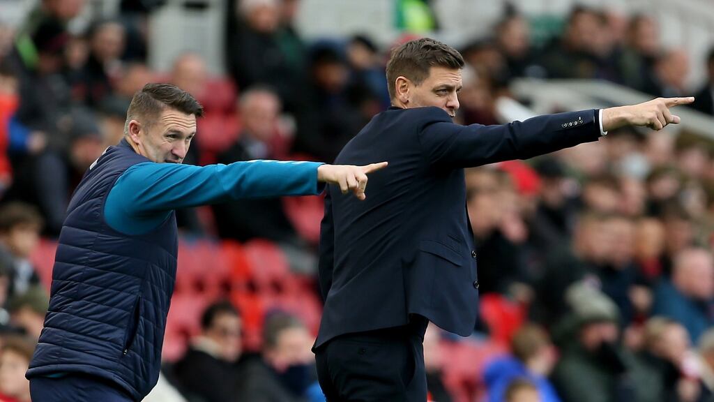 Middlesbrough assistant Robbie Keane and manager Jonathan Woodgate: “I’ll tell the fans this is going to be rocky. We’re in a transitional phase, so you will have to be patient.” Photograph: Richard Sellers/PA Wire