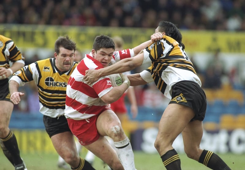 An 18-year-old Andy Farrell on the charge for Wigan against Castleford in March, 1994. Photograph: Allsport UK