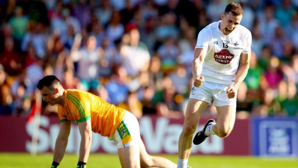 Cathal McNally celebrates scoring Kildare’s opening goal in their win over Meath in Tullamore. Photograph: James Crombie/Inpho