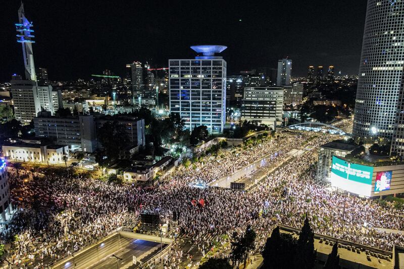 A rally in Tel Aviv against the Israeli government's judicial overhaul plan in September. Photograph: by Jack Guez/Guez/AFP via Getty Images