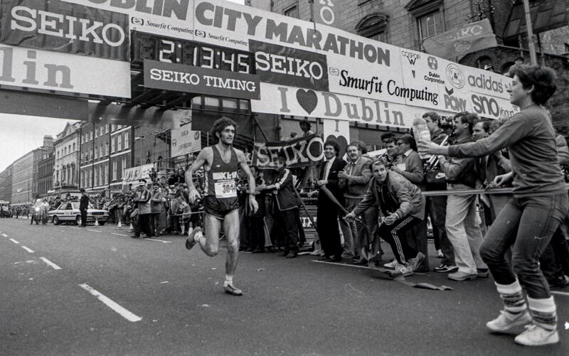 Jerry Kiernan crosses the line to win the Dublin Marathon in 1982. Photograph: Billy Stickland/Inpho