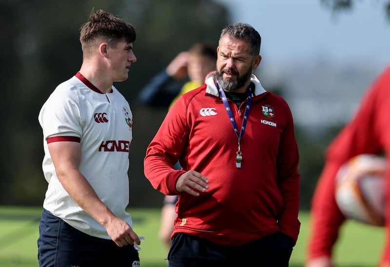 Dan Sheehan and head coach Andy Farrell chat during Lions training in Perth. Photograph: Dan Sheridan/Inpho