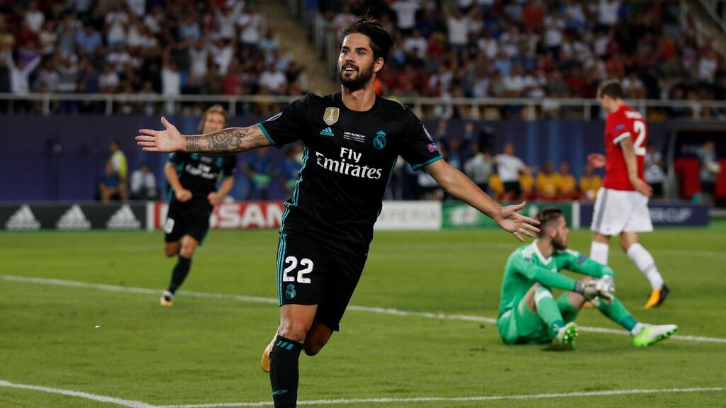 Isco’s second half goal helped Real Madrid to Super Cup victory over Manchester United. Photograph: Peter Cziborra/Reuters