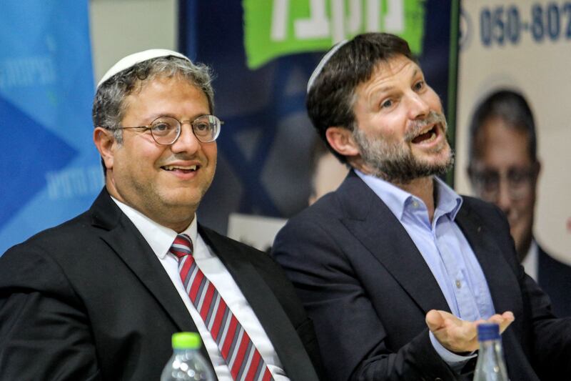 Israeli far-right politicians Itamar Ben-Gvir, leader of the Otzma Yehudit (Jewish power) party (left), and Bezalel Smotrich, leader of the Religious Zionist Party. Photograph: Gil Cohen-Magen/AFP via Getty