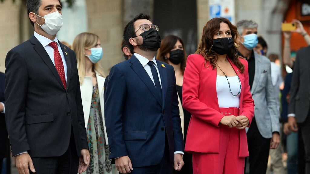 Catalan regional president Pere Aragones, centre, in Barcelona marking the national day of Catalonia. Photograph: Josep Lago/AFP via Getty
