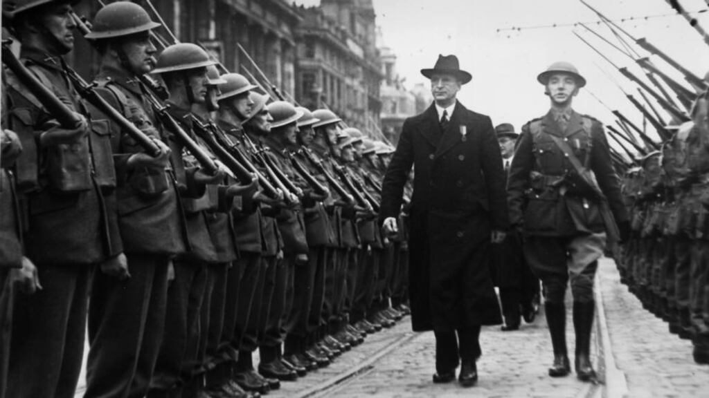 ‘This is the reality of the Proclamation as envisaged by the men who fought for it. These were not some political thieves in the night stealing the revolution from the people. These were the revolutionaries and they saw securing national sovereignty as trumping everything, including social justice.’ Above, Éamon de Valera inspecting troops outside the General Post Office in O’Connell Street, Dublin on the 25th anniversary of the 1916 Easter Rising. (Photo by Keystone/Getty Images)