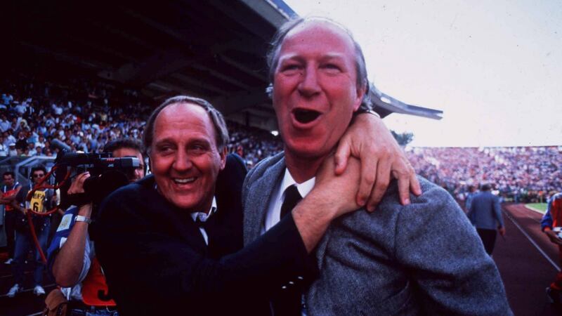 Manager Jack Charlton, right, and assistant manager Maurice Setters celebrate the Republic of Ireland’s 1-0 victory over England in Stuttgart. Photograph: Ray McManus/Sportsfile