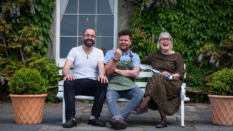 The calm before the storm: Richard Falk and Robin Gill take a pre-festival breather with Darina Allen outside Ballymaloe House on the first day of LitFest 2017. Photograph: Joleen Cronin