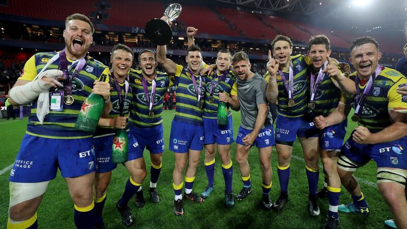 Cardiff celebrate Challenge Cup final victory over Gloucester. Photograph: Dan Sheridan/Inpho
