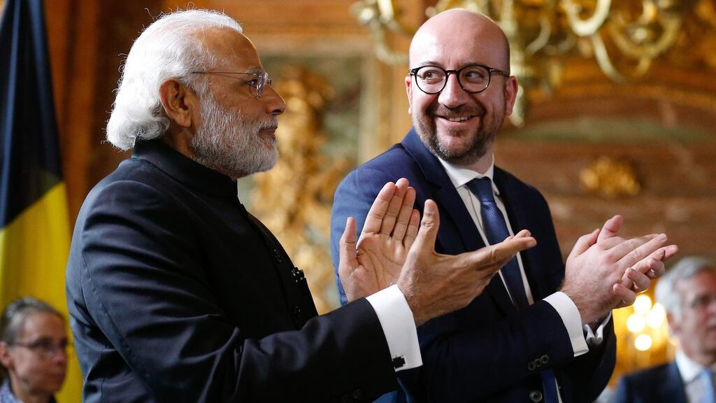 Belgian prime minister Charles Michel (right) with Indian prime minister Narendra Modi in Brussels on Wednesday during a state visit by Mr Modi. Photograph: Laurent Dubrule/EPA