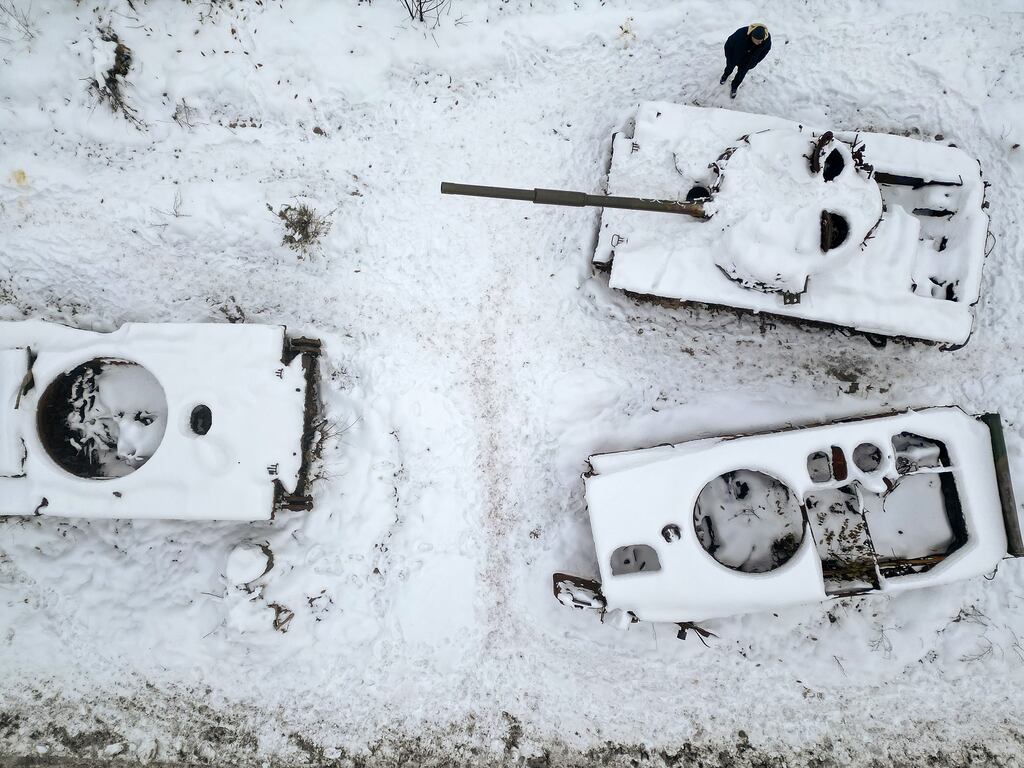 Destroyed Russian tanks outside Bucha. Moscow’s forces managed to occupy the town about a week after the February 24th invasion. As Ukraine fought Russia to a standstill outside Kyiv, Bucha was experiencing horrors – not only heavy shelling and tank fire but the abduction, torture and execution of civilians and the murder of residents as they tried to flee to safety. Photograph: Jeff J Mitchell/Getty Images