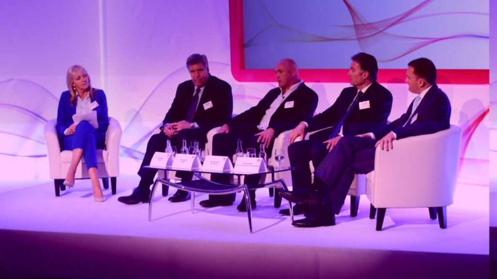 Pictured at the Huawei Ireland Broadband Forum are Miriam O’Callaghan, Eircom chief executive Herb Hribar, Imagine Chairman Sean Bolger, BT Ireland chief executive Colm O’Neill, and William Batt, partner at Indecon International Economic. Picture Jason Clarke Photography